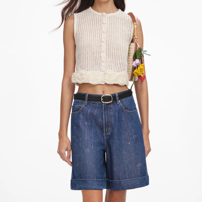 Cream Crochet Flower Knit Top
