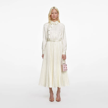 Cream Satin Jacquard Midi Dress