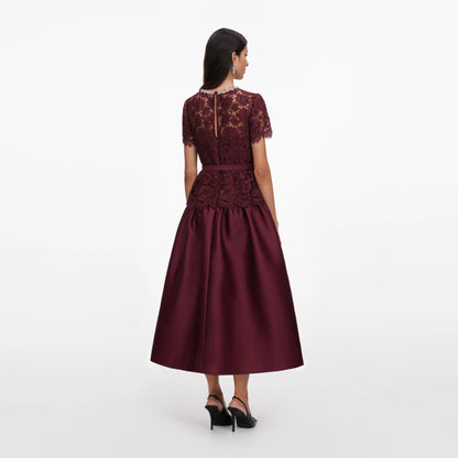 Burgundy Lace Taffeta Midi Dress