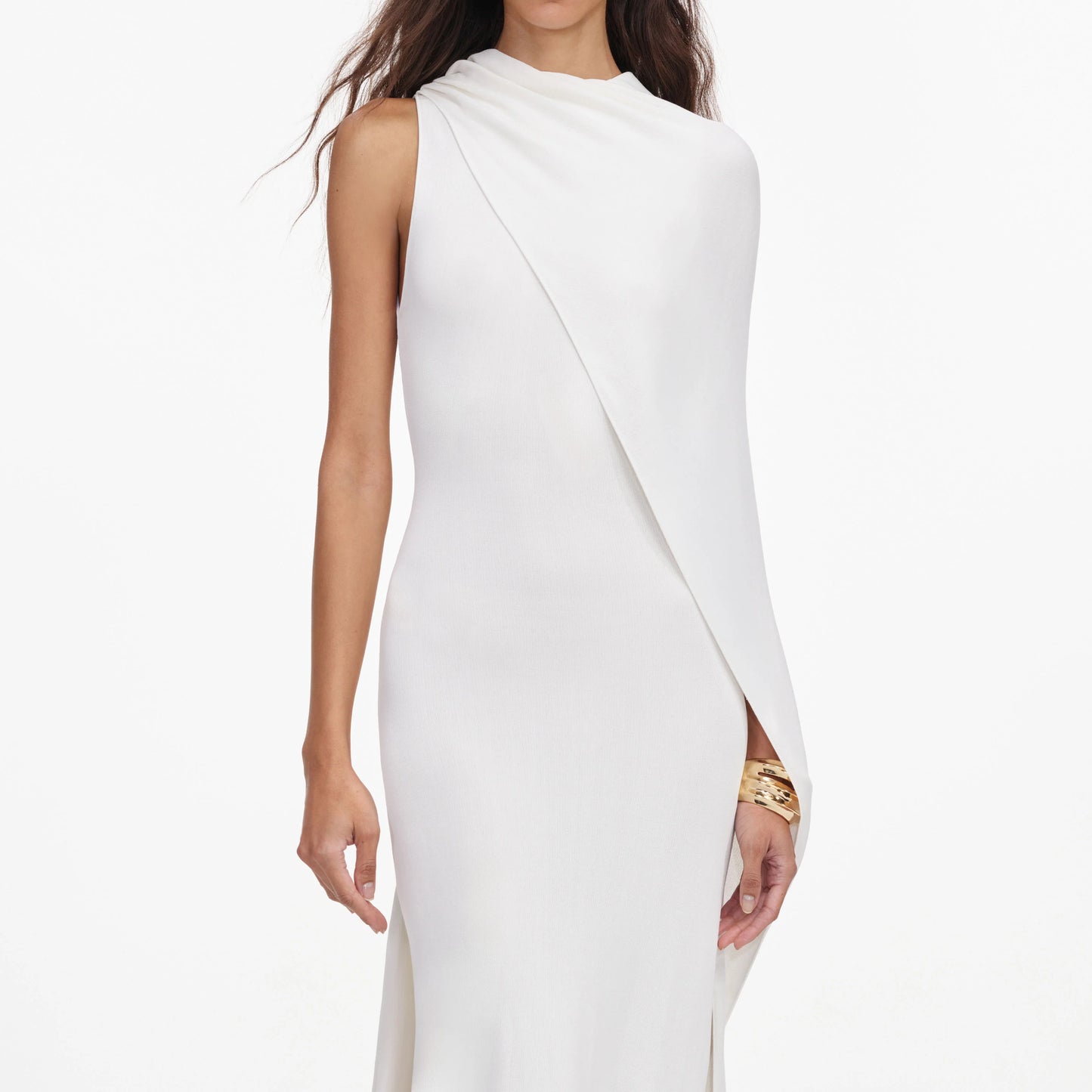 White Viscose Knit Drape Maxi Dress