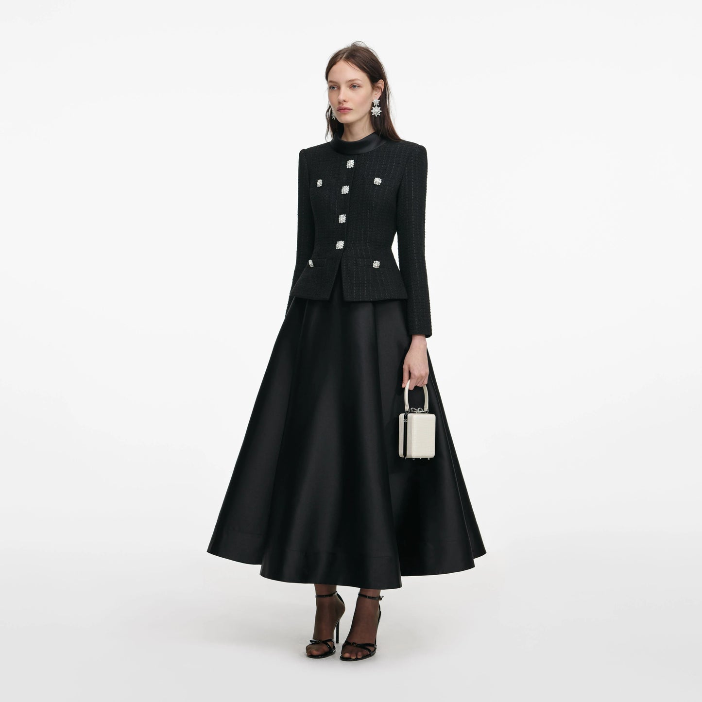 Black Boucle Taffeta Midi Dress