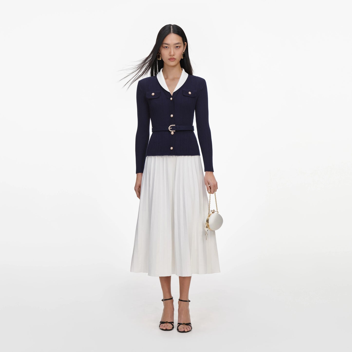 Navy Ribbed Knit Contrast Midi Dress