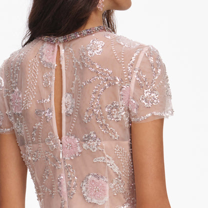 Pink Flower Sequin Embellished Midi Dress