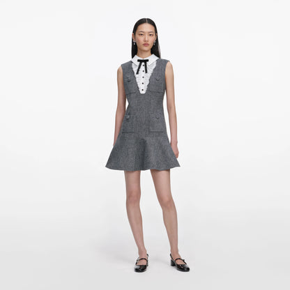 Grey Herringbone Lace Bib Mini Dress