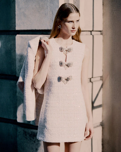 Pink Sequin Boucle Bow Mini Dress