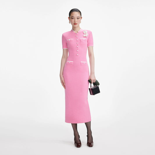 Pink Crochet Flower Knit Midi Dress