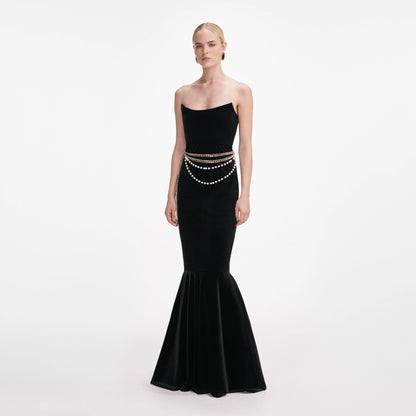 Black Velvet Chain Belt Maxi Dress