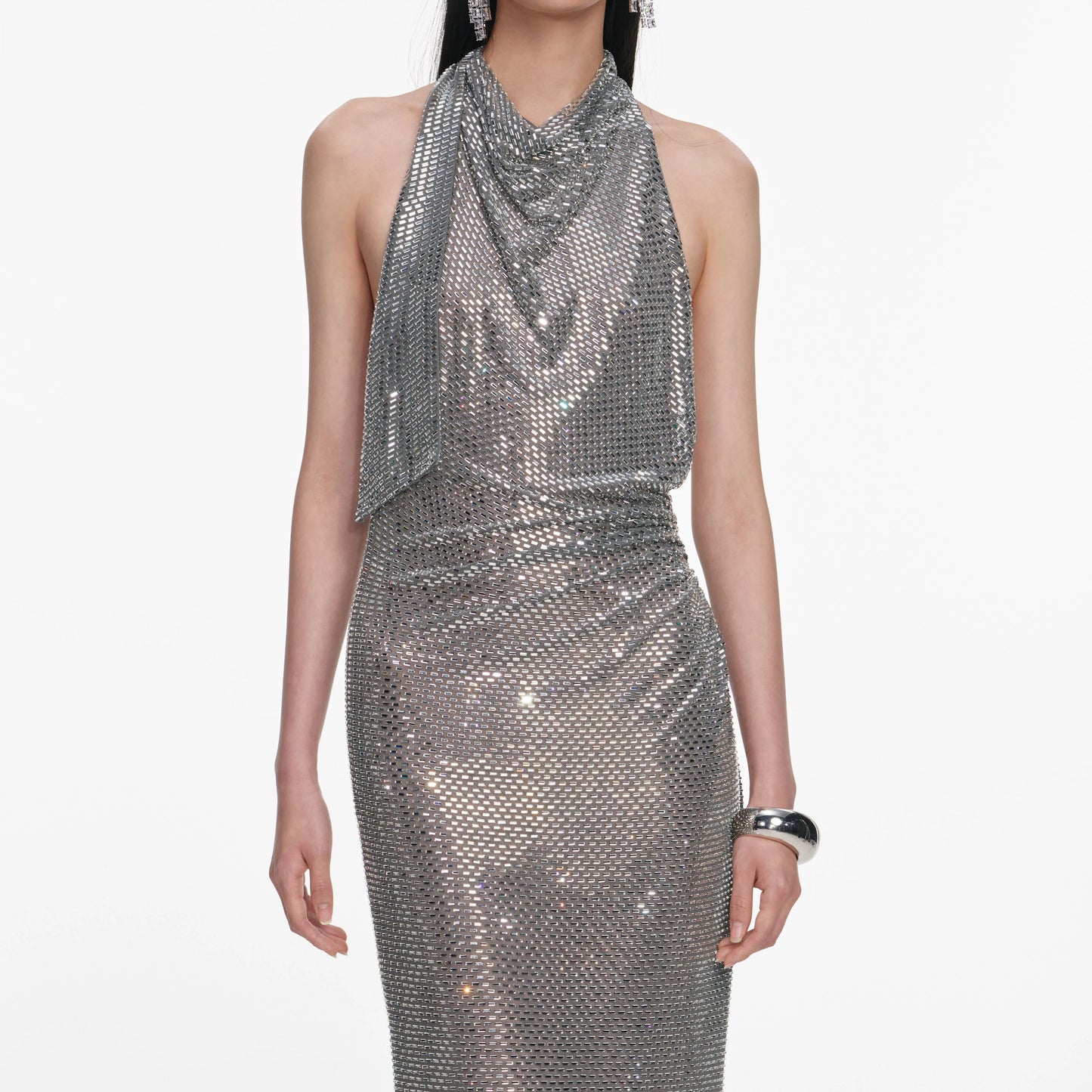 Grey Rhinestone Drape Maxi Dress