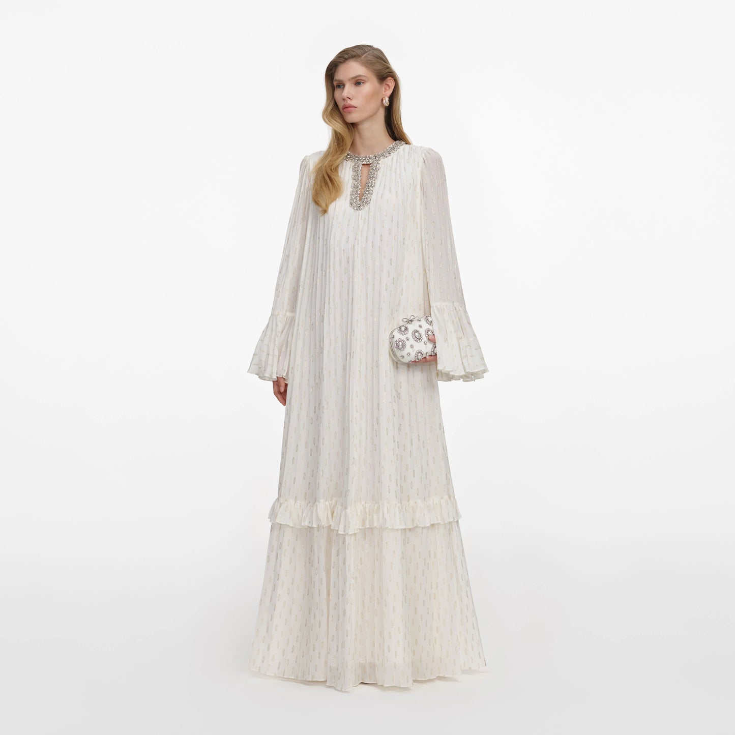 Cream And Gold Chiffon Maxi Dress