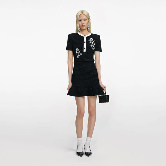 Black Floral Textured Knit Mini Dress