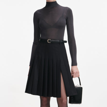 Black Pleated Twill Midi Skirt