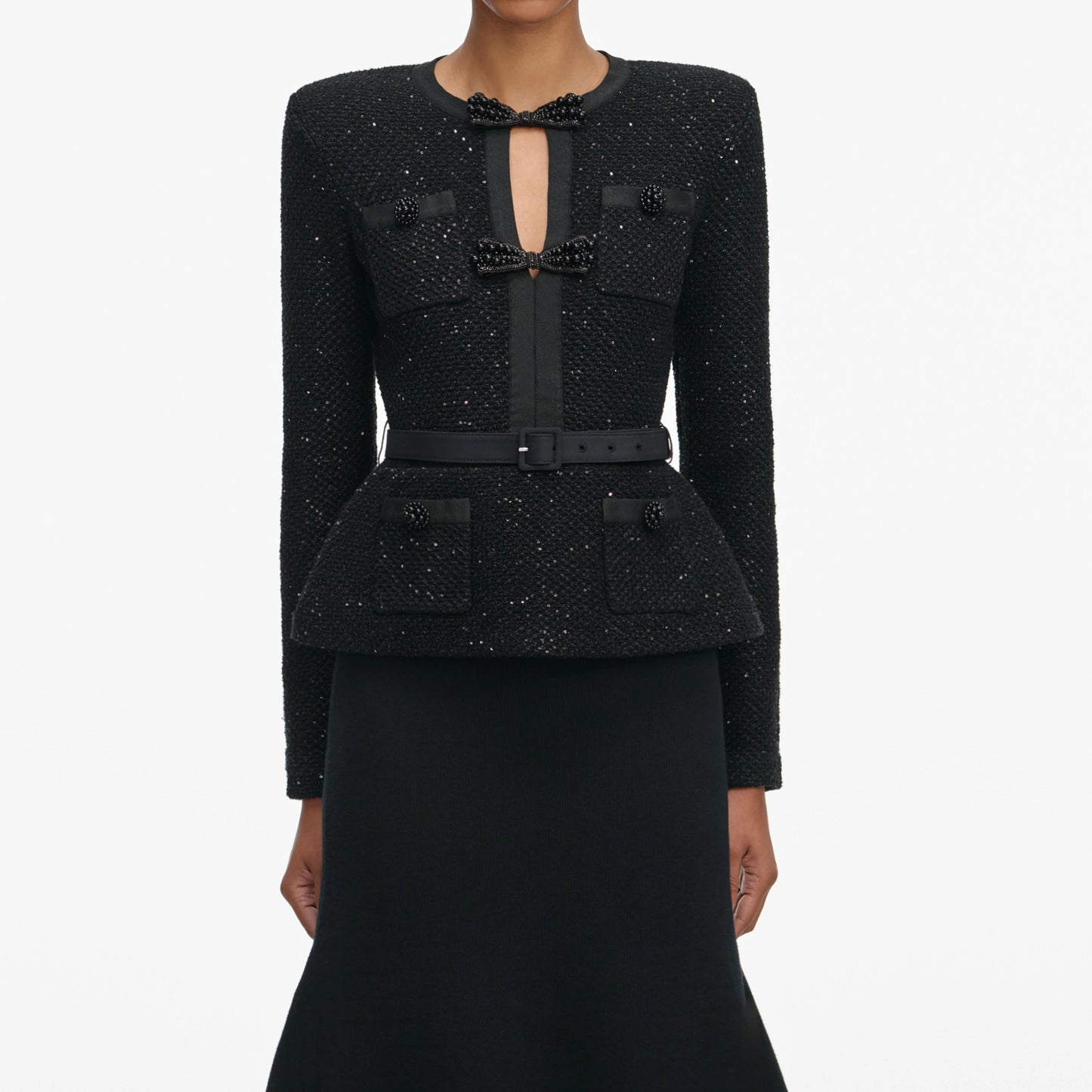 Black Sequin Knit Tailored Midi Dress
