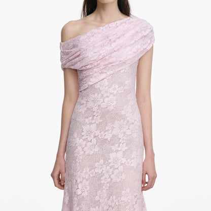 Pink Rhinestone Lace Asymmetric Midi Dress