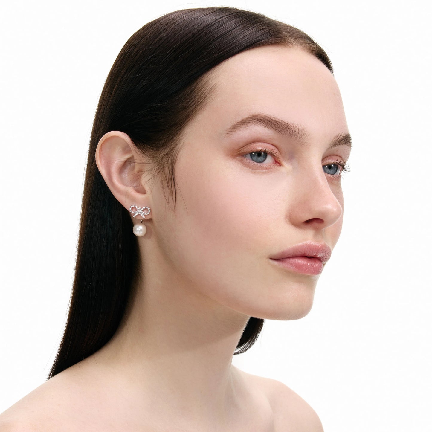 Crystal Bow Pearl Jacket Earrings