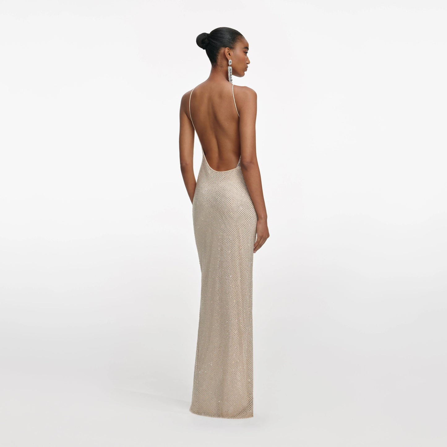 Champagne Rhinestone Lace Trim Maxi Dress