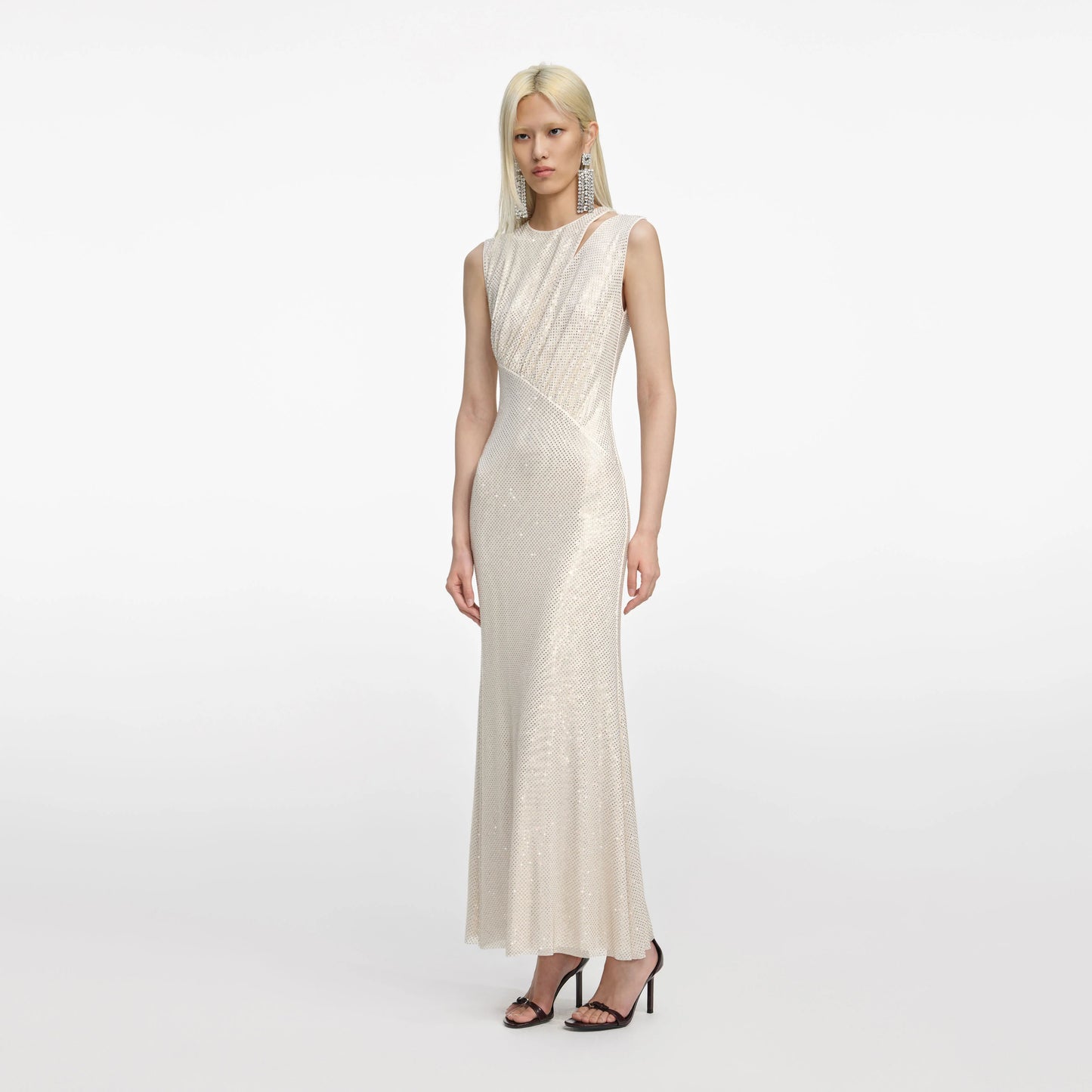 Champagne Rhinestone Cut Out Midi Dress