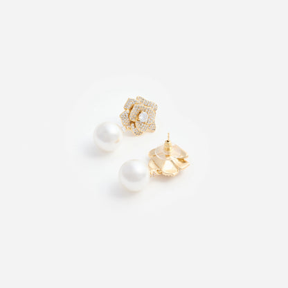 Mini Gold Crystal Flower Pearl Earrings