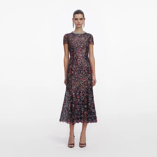 Navy Floral Sequin Midi Dress