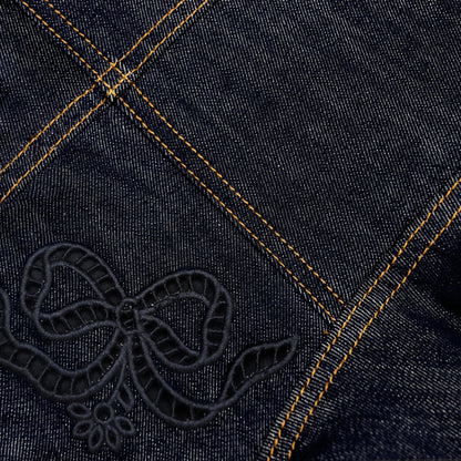 Indigo Denim Bow Embroidered Midi Dress