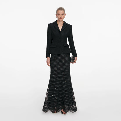 Black Boucle Rhinestone Lace Maxi Dress