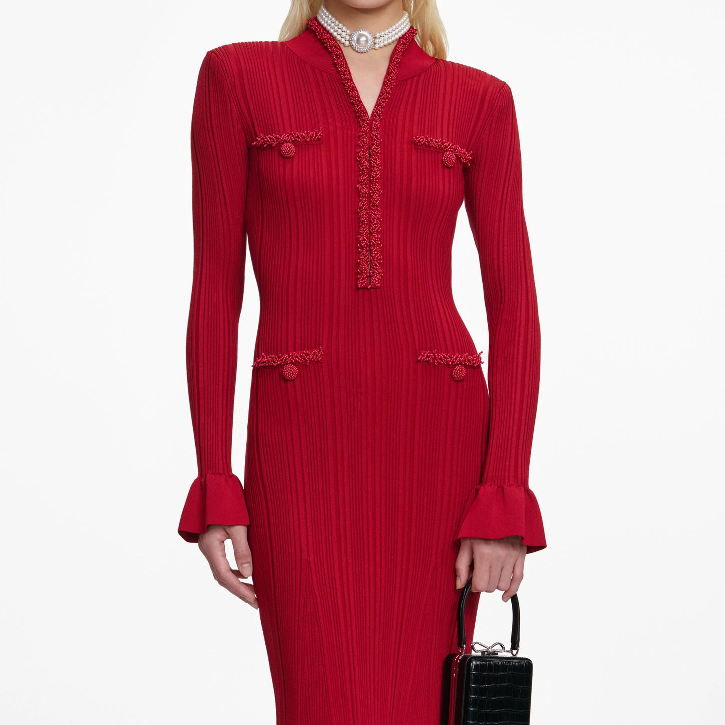 Red Pearl Trim Knit Midi Dress