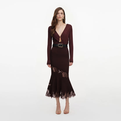 Brown Ribbed Knit Midi Skirt