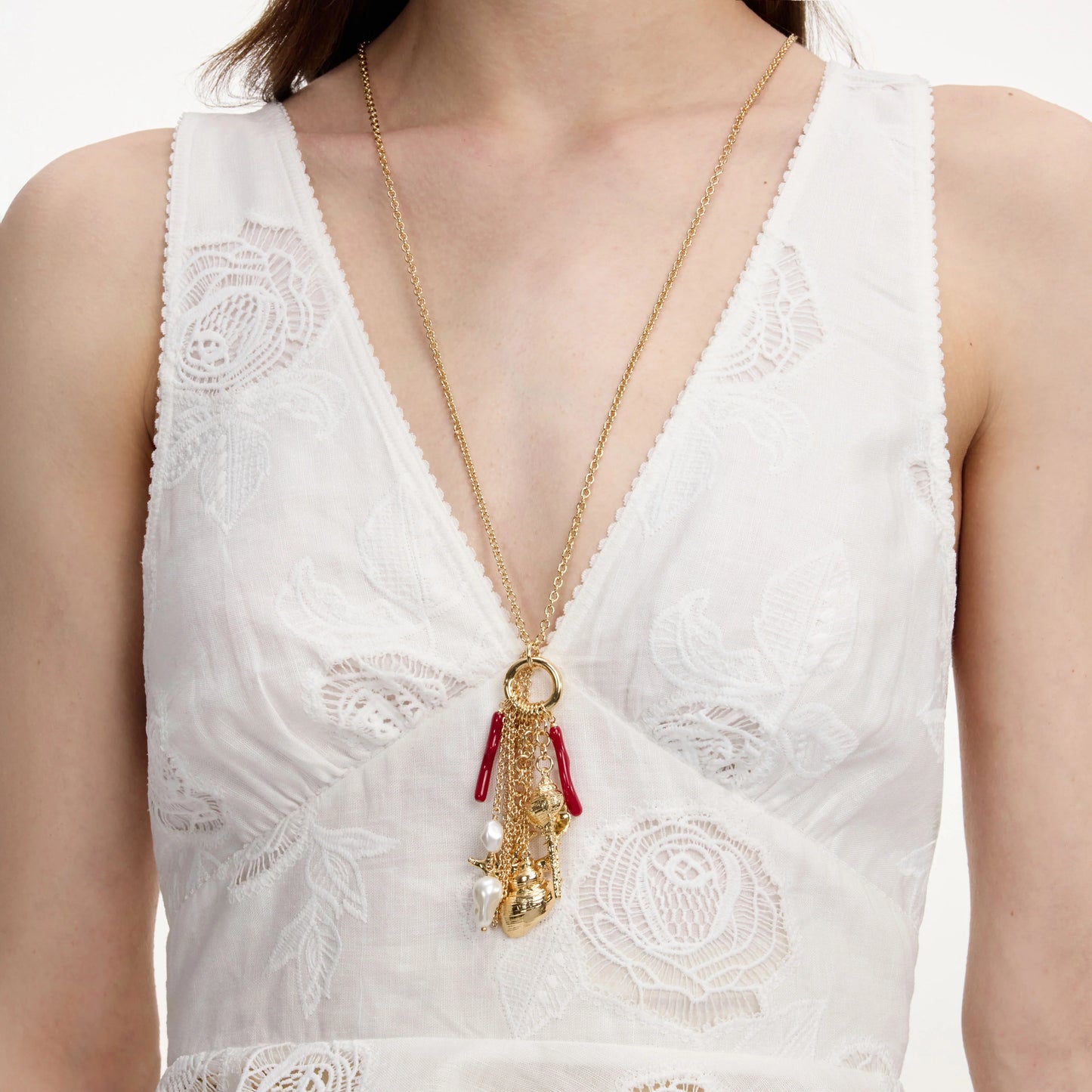 Gold Coral Charm Cluster Necklace